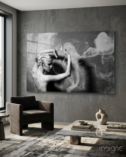 Smoke dance monochrome glass wall art