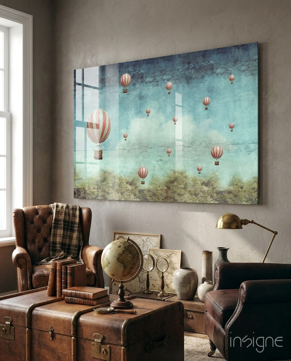 Balloon Glass Wall Art - vintage hot-air balloons on tempered glass