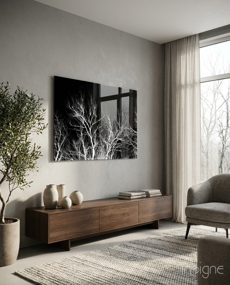 Bare branches on black night glass wall art