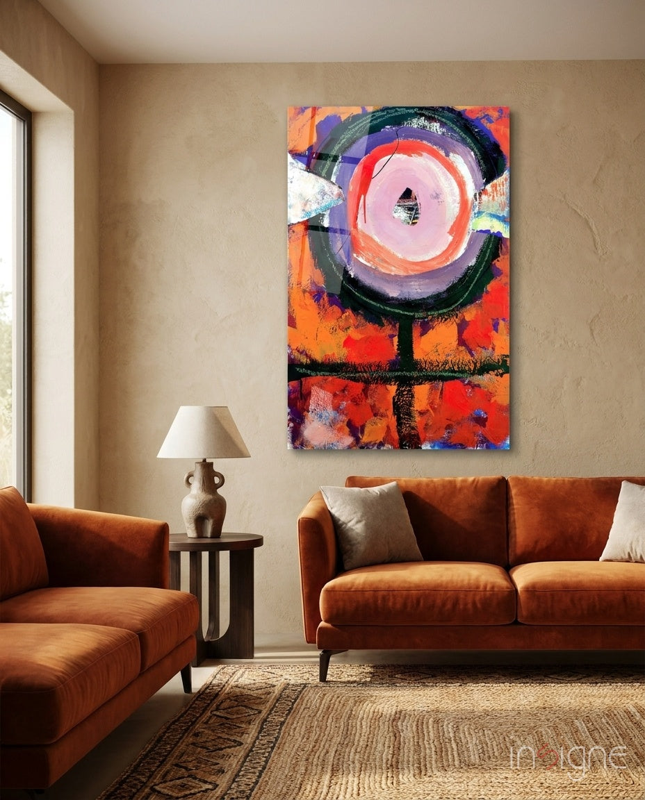 Bullseye Eye Abstract Glass Wall Art in pink, orange, and blue