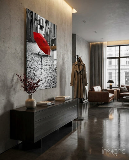 Lone red umbrella cobblestone street glass wall art