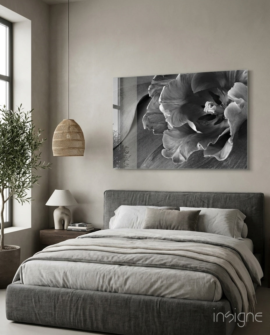 Monochrome parrot tulip glass wall art