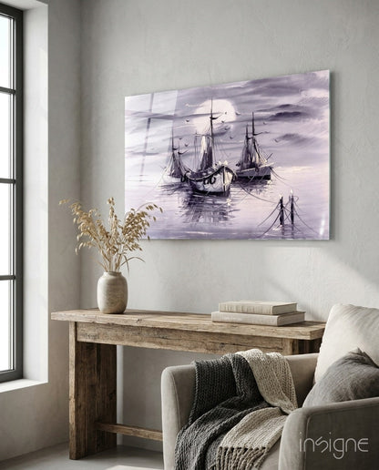 Moonlit Tall Ships In Lavender Mist Glass Wall Art nautical print
