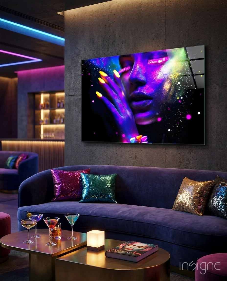 Neon glow face glass wall art fluorescent portrait