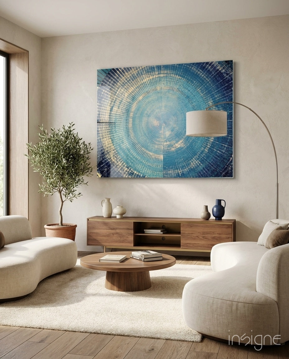 Blue gold radial rings glass wall art