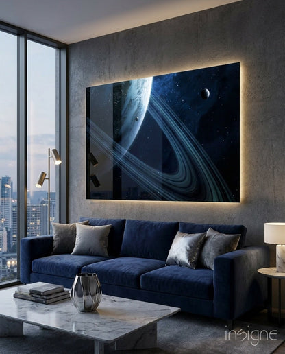 Ringed planet glass wall art cosmic space decor