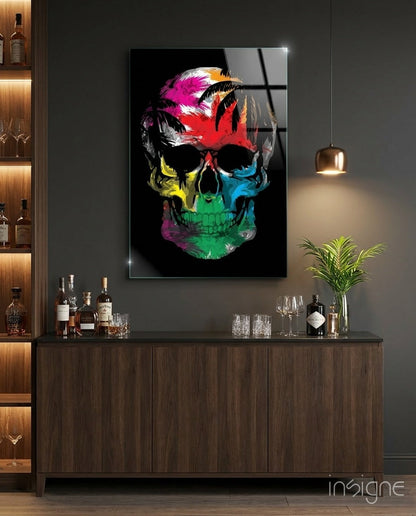 Rainbow painted skull glass wall art