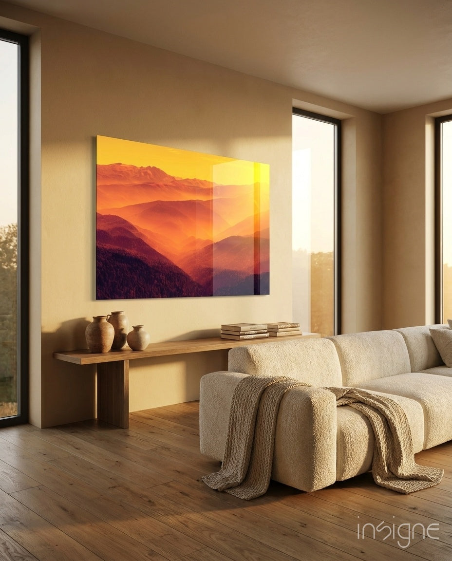 Warm landscape amber sunset glass wall art