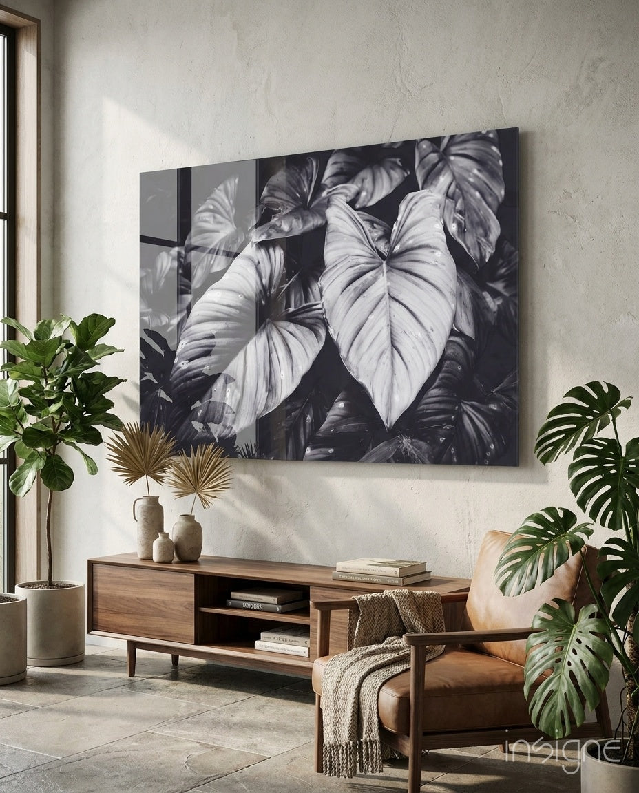 Monochrome jungle leaves glass wall art