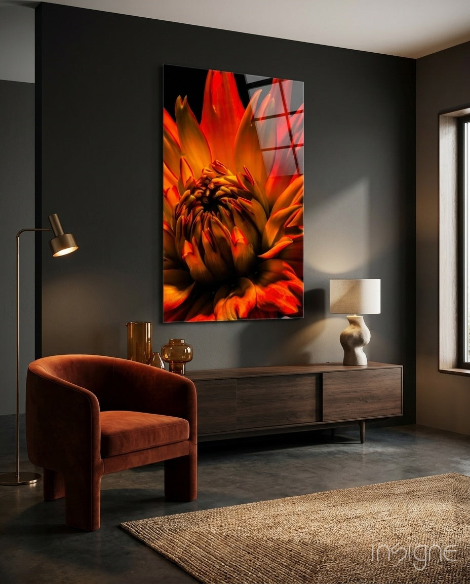 Orange spider dahlia glass wall art