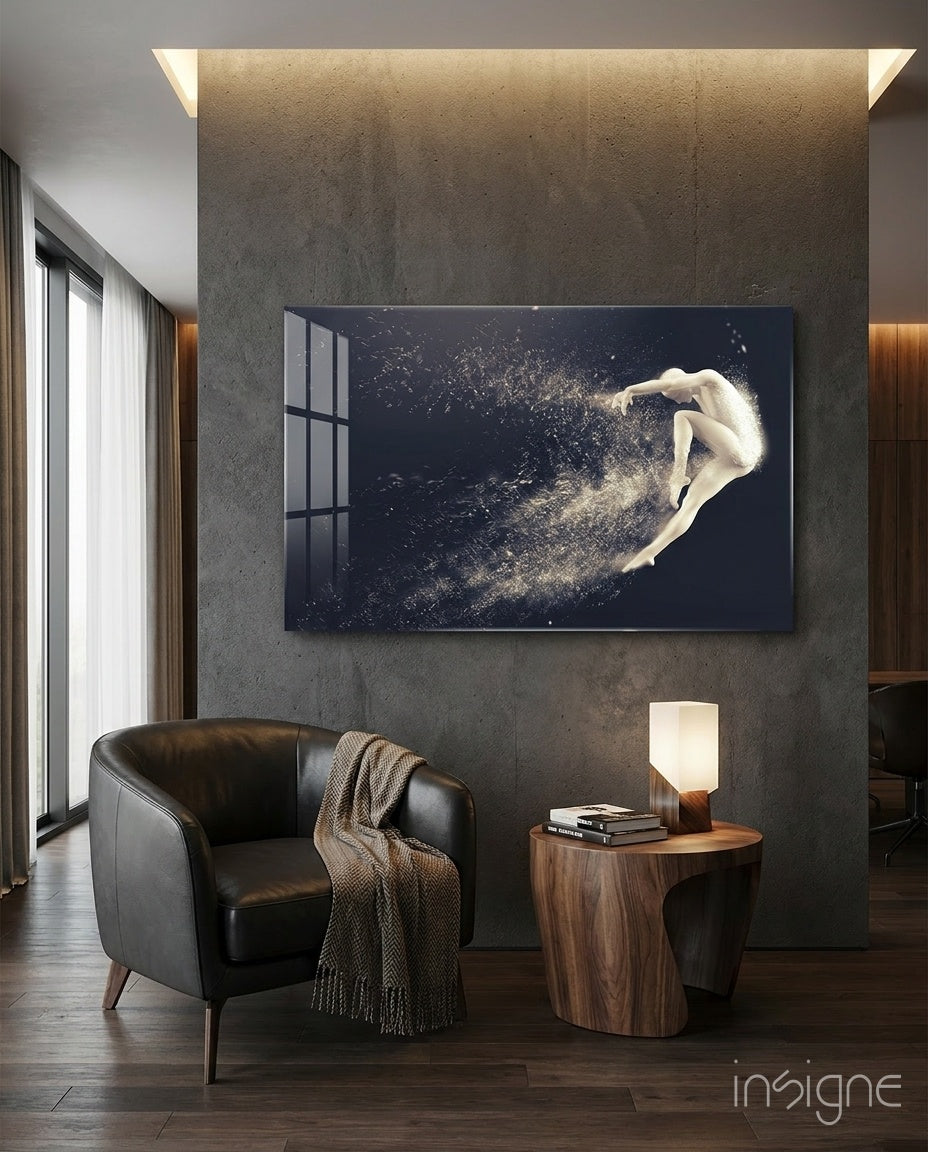 Dancer in motion glass wall art, leaping figure dissolving into white particles