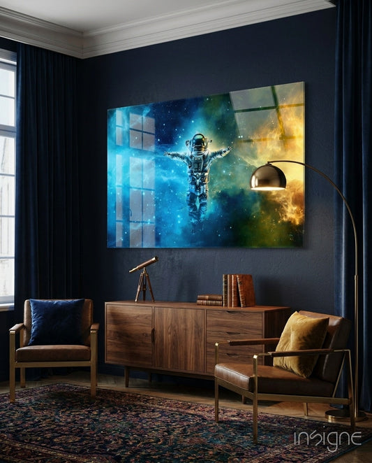 Nebula Astronaut Glass Wall Art in cobalt and amber