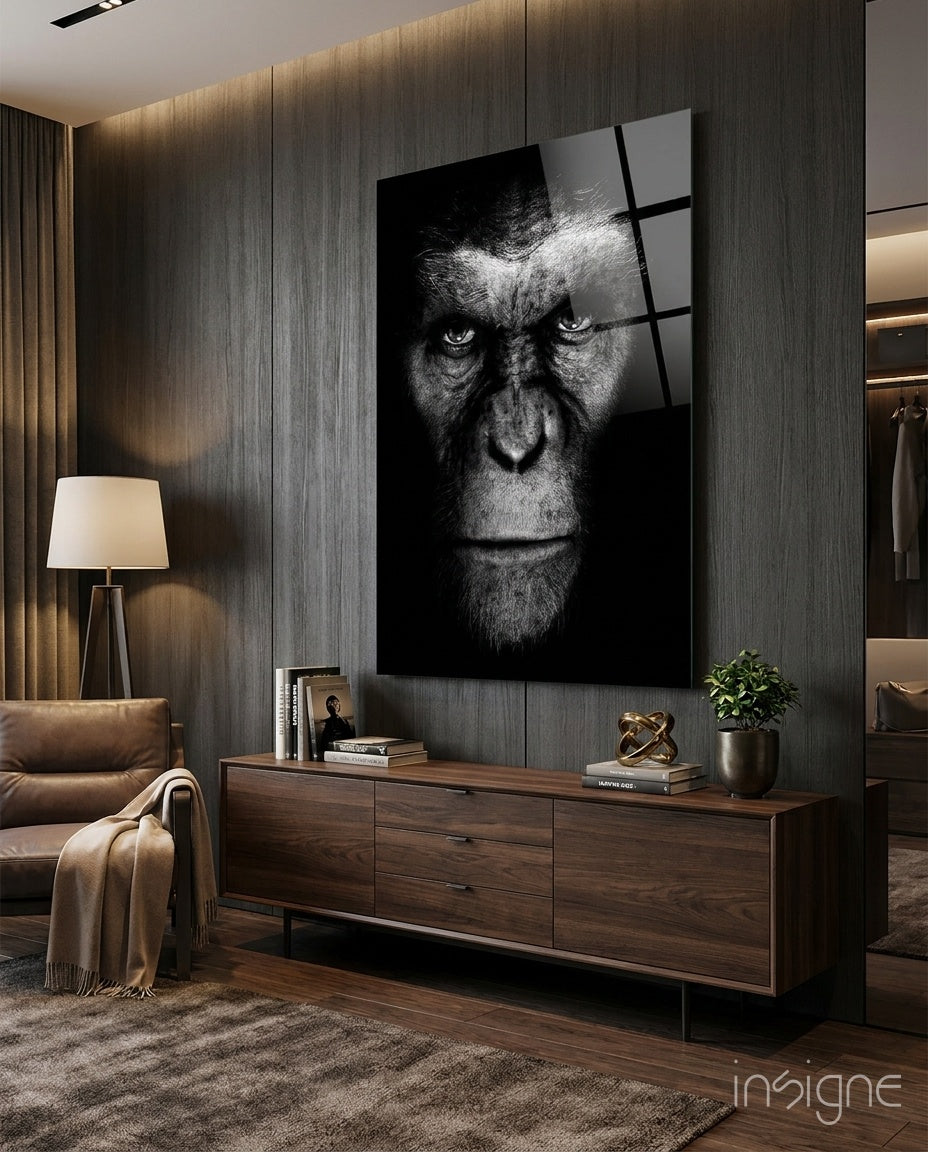 Black and white ape portrait glass wall art