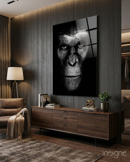 Black and white ape portrait glass wall art