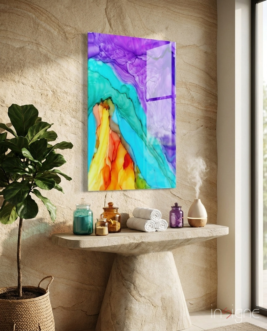 Molten amber turquoise ink glass wall art