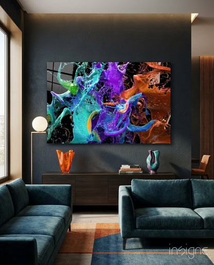 Teal purple paint splash glass wall art