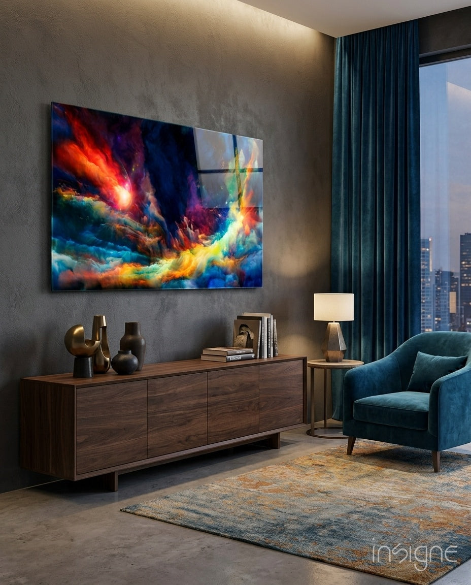 Cosmic nebula glass wall art in crimson and cobalt tones