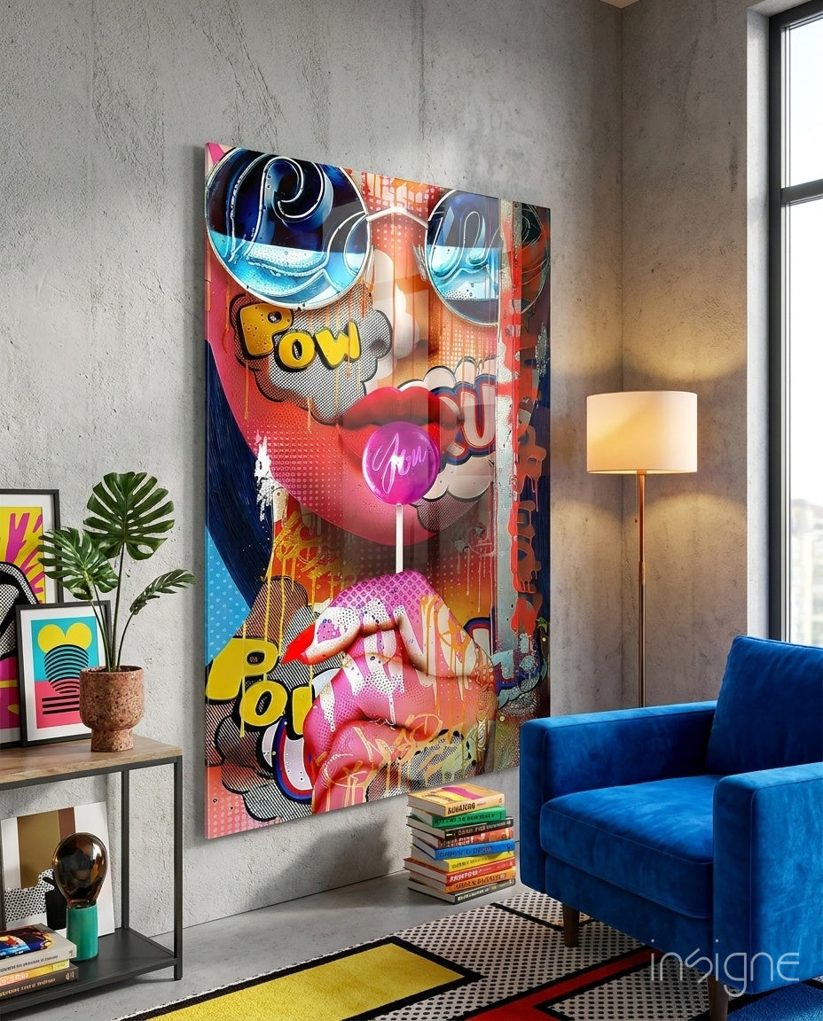 Pop art bubblegum graffiti face glass wall art