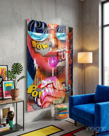 Pop art bubblegum graffiti face glass wall art