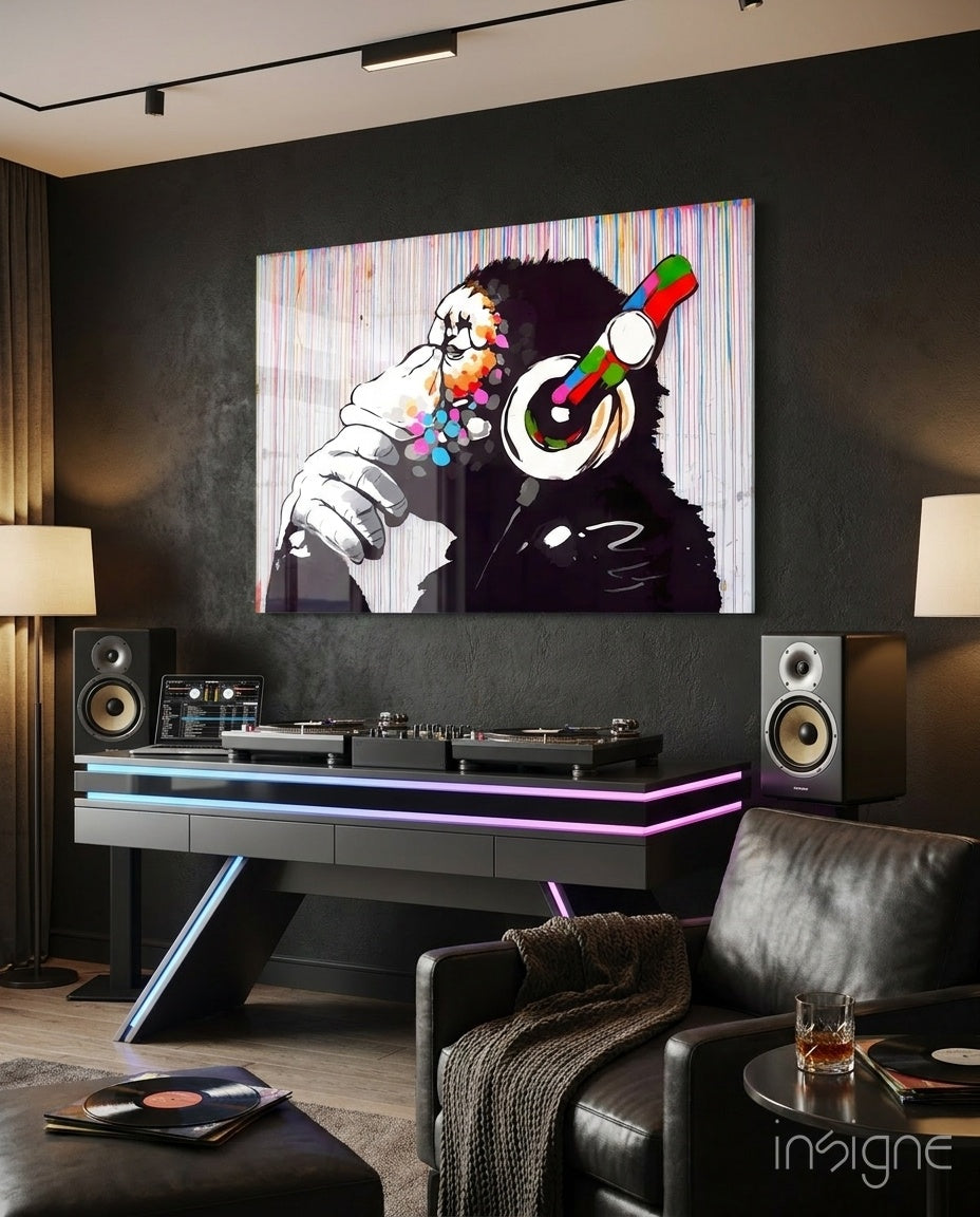 Ape with headphones glass wall art
