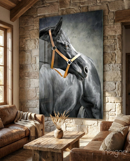Black horse with leather halter glass wall art