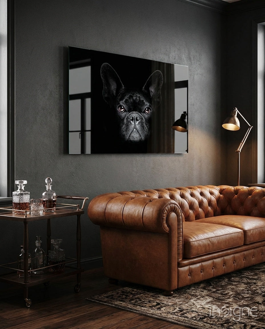 Dog glass wall art, expressive dog portrait on high-gloss tempered glass