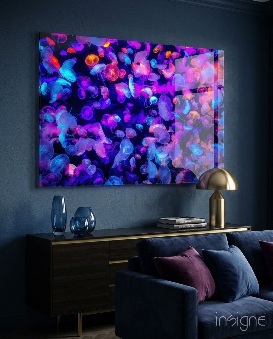 Glowing neon jellyfish bloom glass wall art