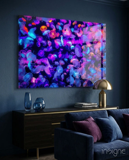 Glowing neon jellyfish bloom glass wall art