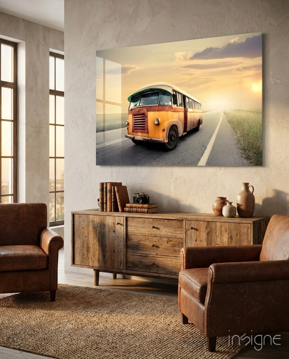 Caravan Sunset Glass Wall Art - vintage bus at golden hour