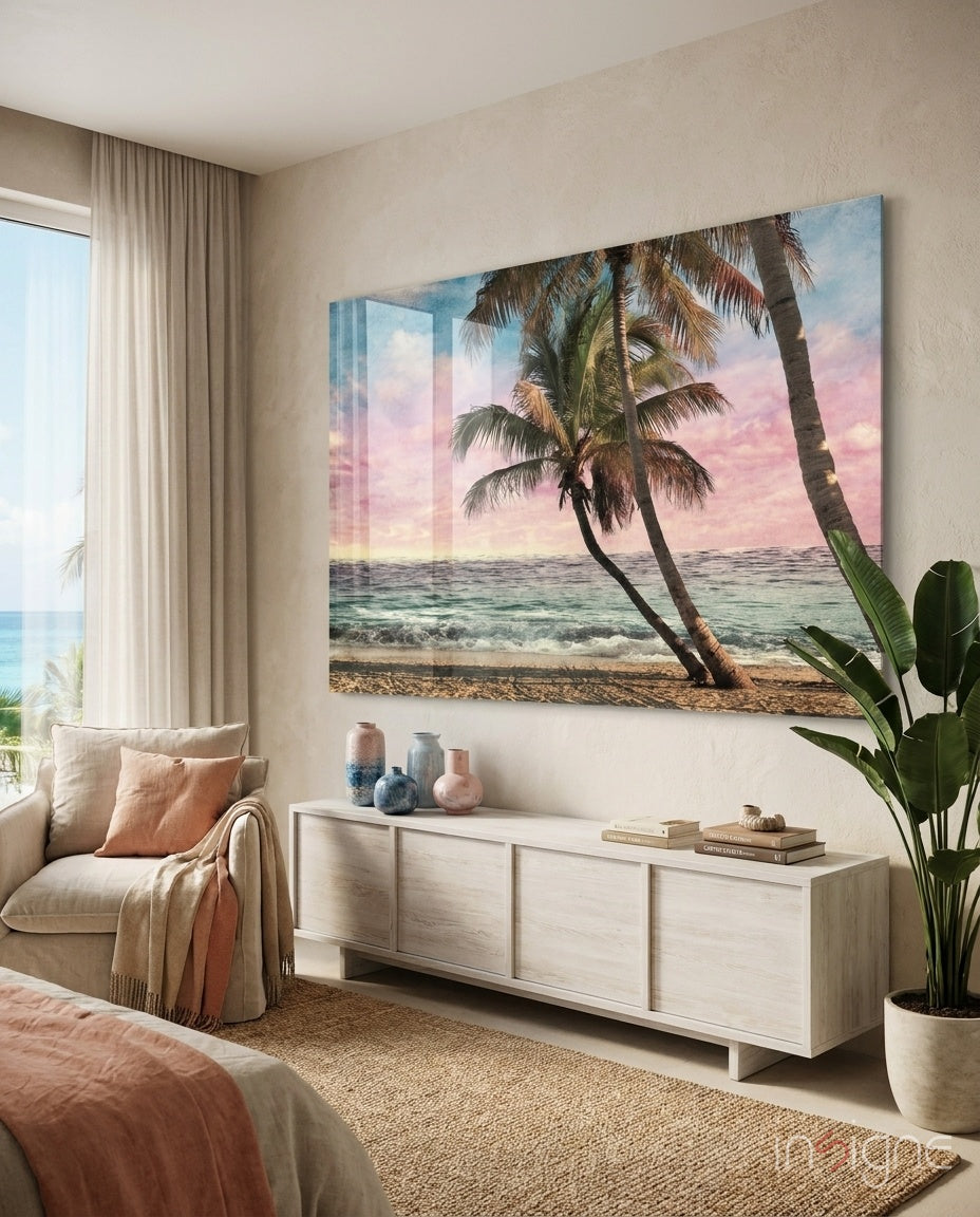 Palm Trees Pink Sunset Beach tempered glass wall art