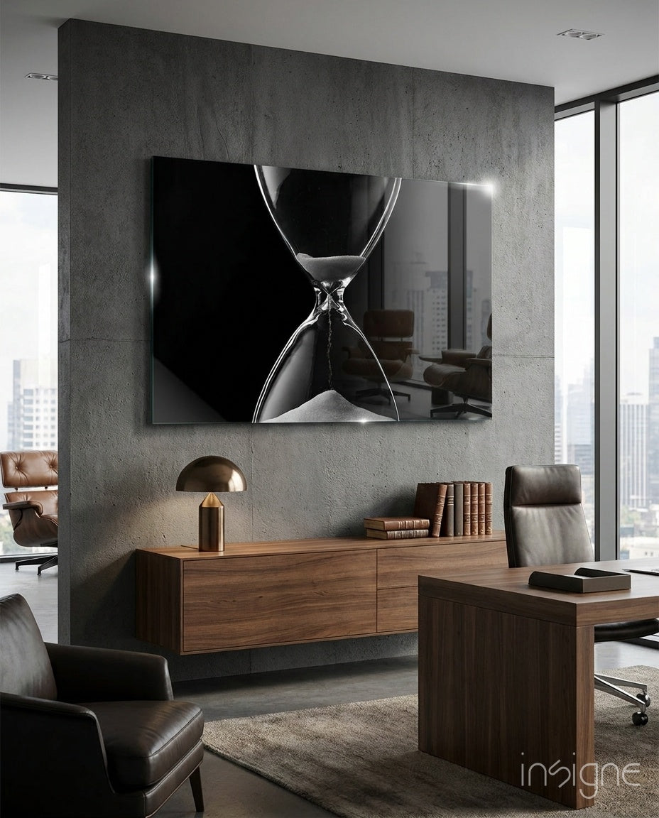 Hourglass still life glass wall art panel