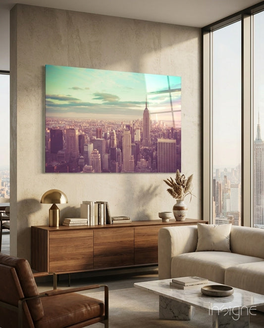 Manhattan skyline aerial glass wall art