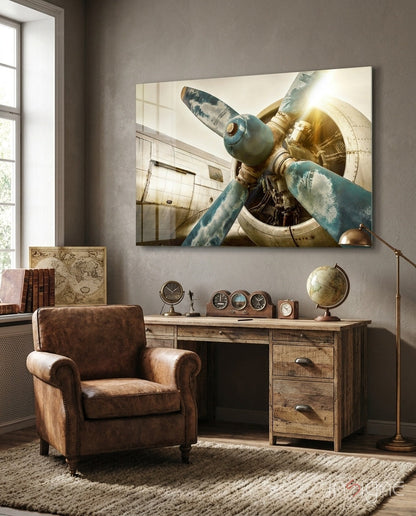 Airplane glass wall art vintage propeller in turquoise