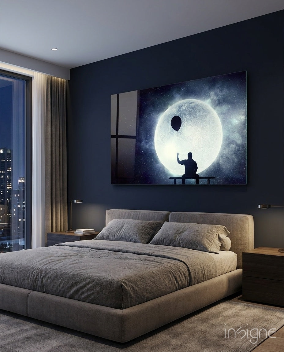 Balloon Thoughts Glass Wall Art - silhouette with balloon under moon on tempered glass