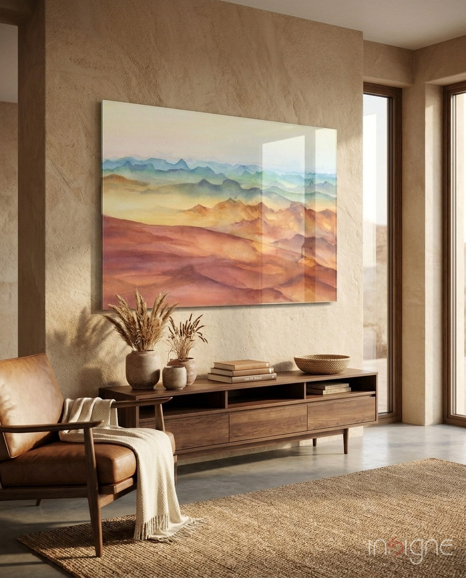 Abstract watercolor layered mountain ranges glass wall art