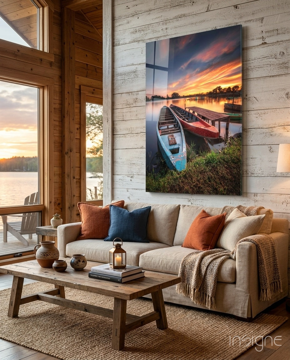 Lakeside sunset boats glass wall art behind tempered glass