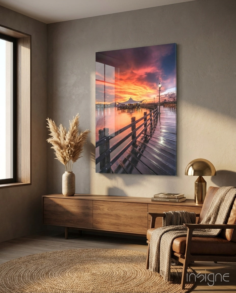 Bridge of Love Glass Wall Art - pier sunset scene