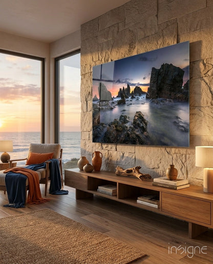 Sea stacks at dusk glass wall art