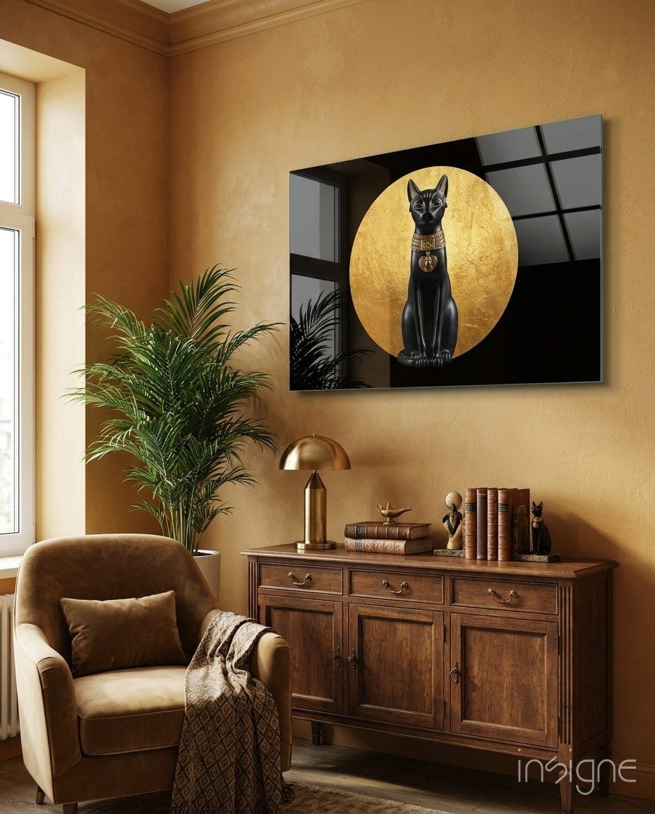 Cat glass wall art with elegant feline design on glossy tempered glass