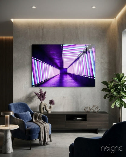 Violet neon tube corridor vaporwave glass wall art