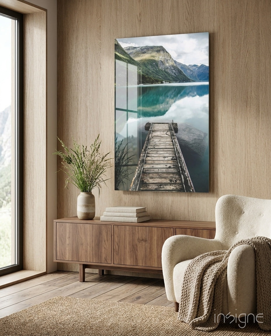 Turquoise fjord mountain jetty glass wall art