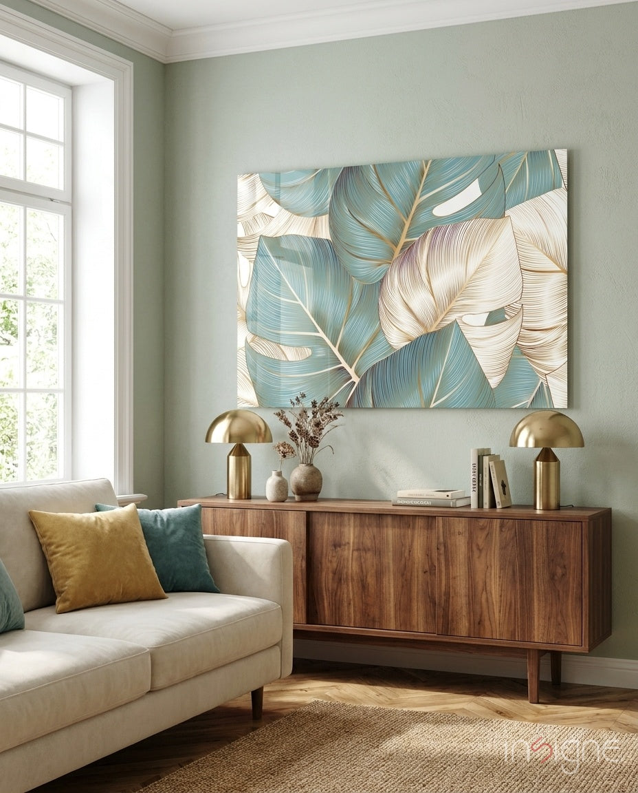 Teal gold tropical leaves glass wall art