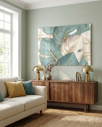 Teal gold tropical leaves glass wall art