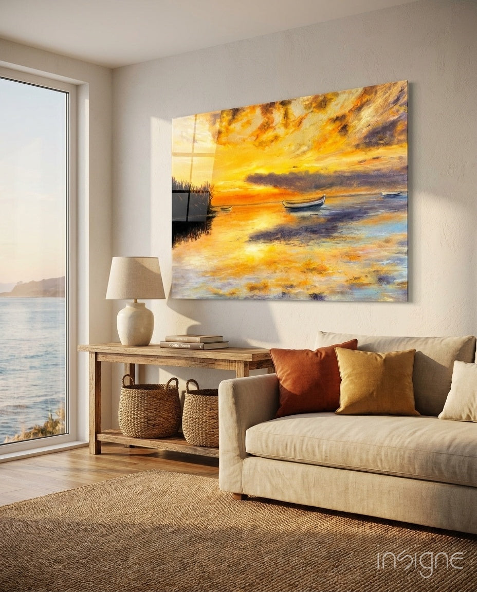 Golden Sunset Rowboats glass wall art oil-painting seascape print