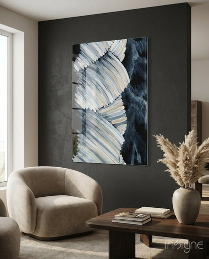 Feathered Frond Monochrome Glass Wall Art in cream and pearl tones