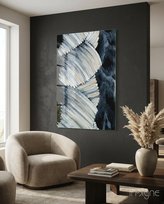 Feathered Frond Monochrome Glass Wall Art in cream and pearl tones