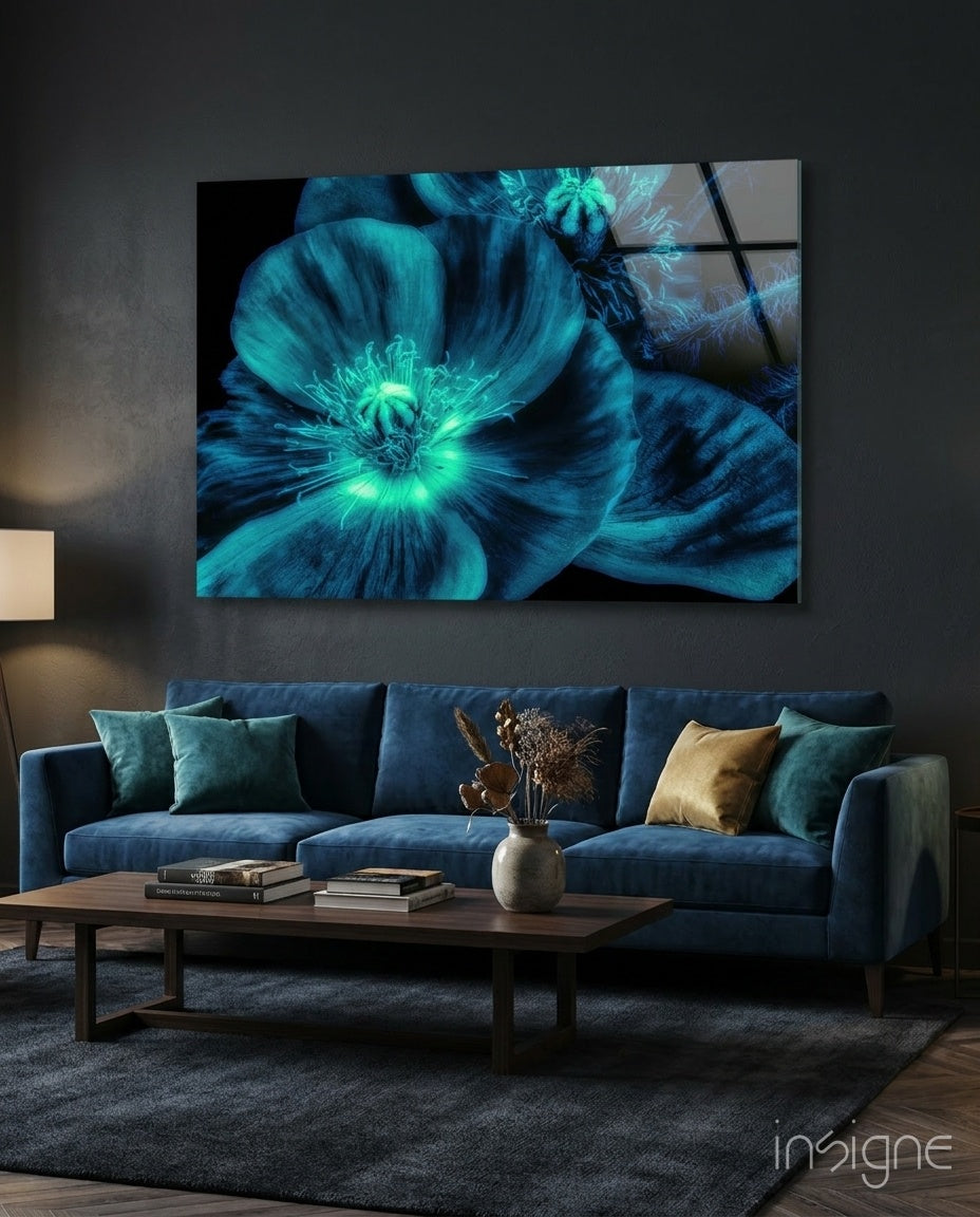 Turquoise glowing poppy petals glass wall art