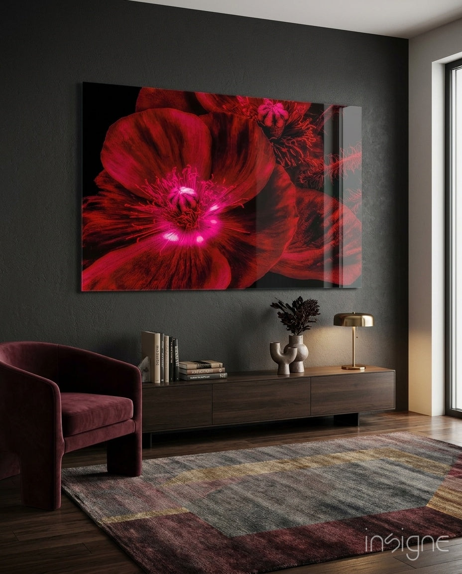 Crimson poppy macro glass wall art