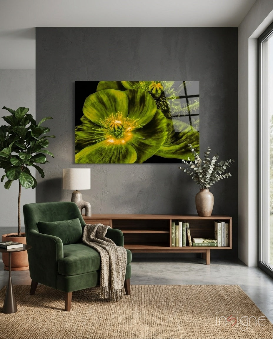 Chartreuse poppy bloom glass wall art
