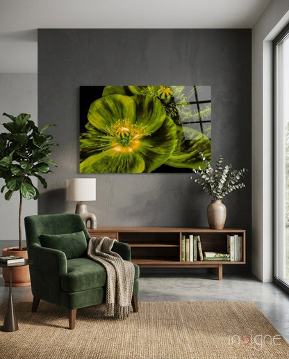Chartreuse poppy bloom glass wall art